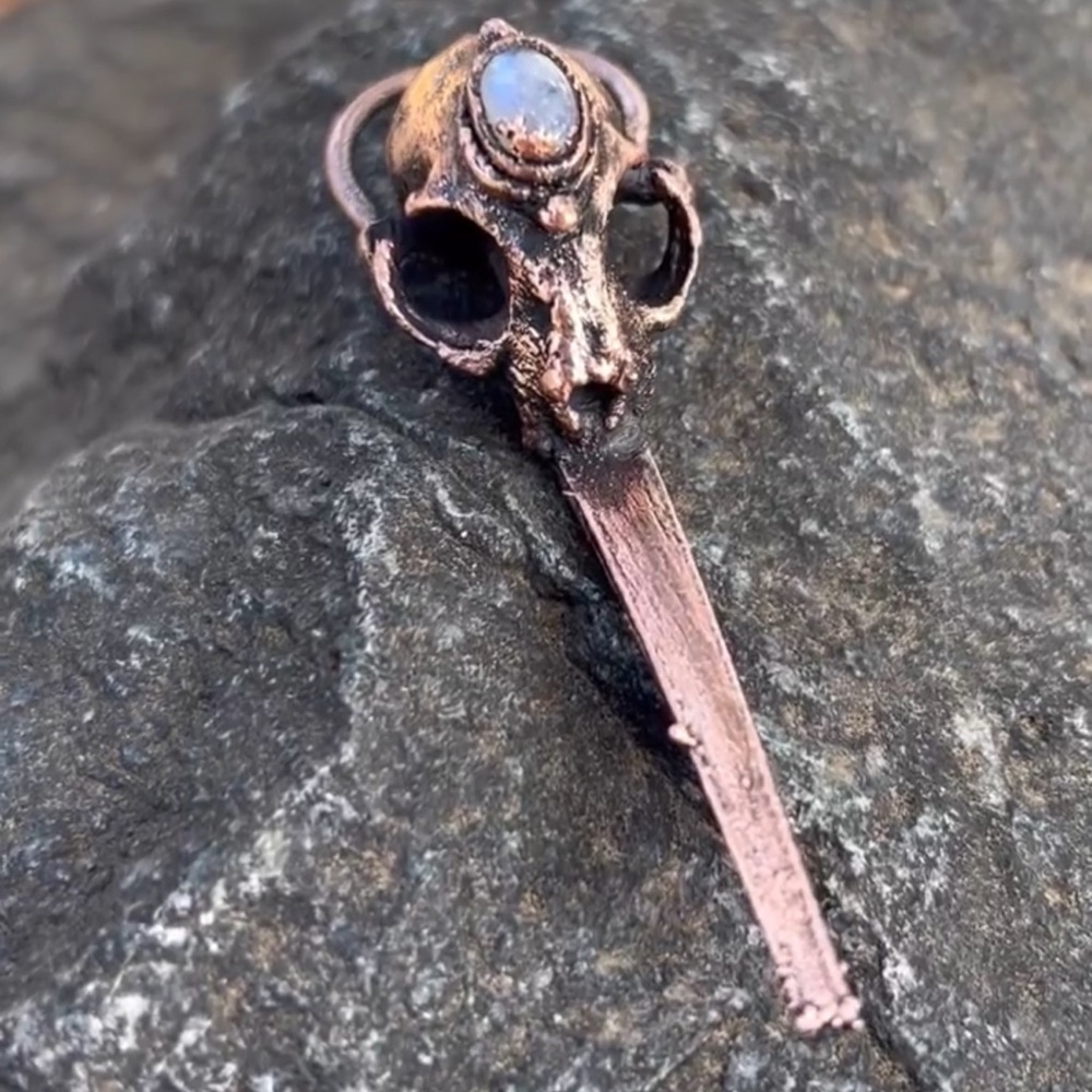 Kitten Skull and Coffin Nail Pendant w/ Moonstone (copper electroformed)